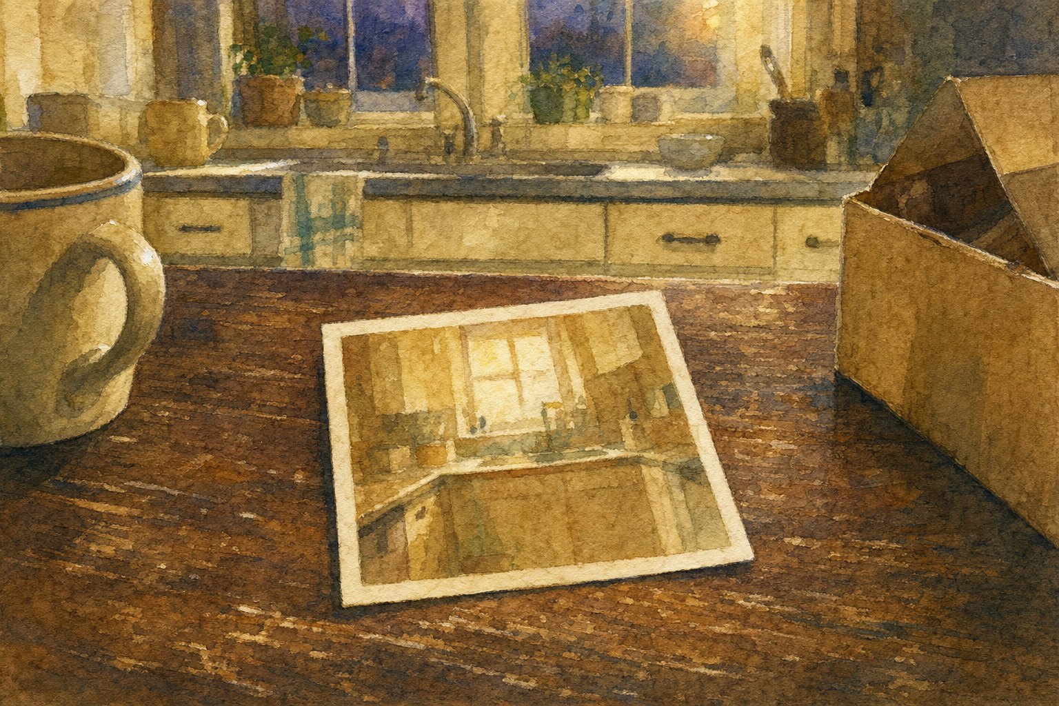 Watercolor painting of a small square 1960s photograph with a white border lying on a worn oak kitchen table