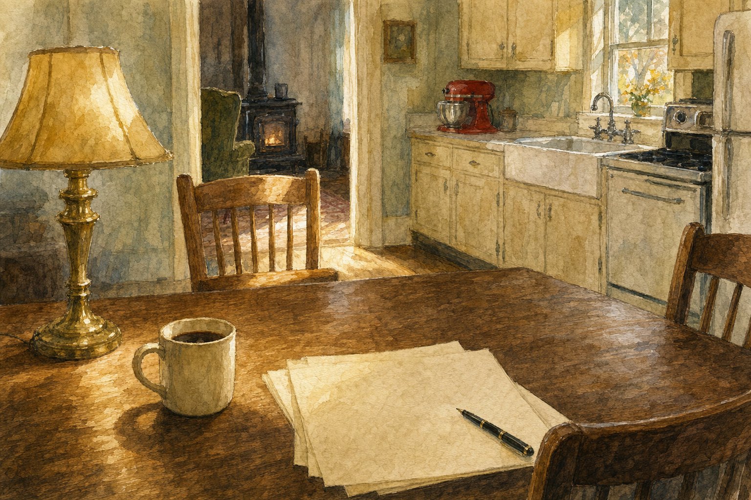 Watercolor painting of a farmhouse kitchen table with writing paper and a pen, an empty chair on the far side