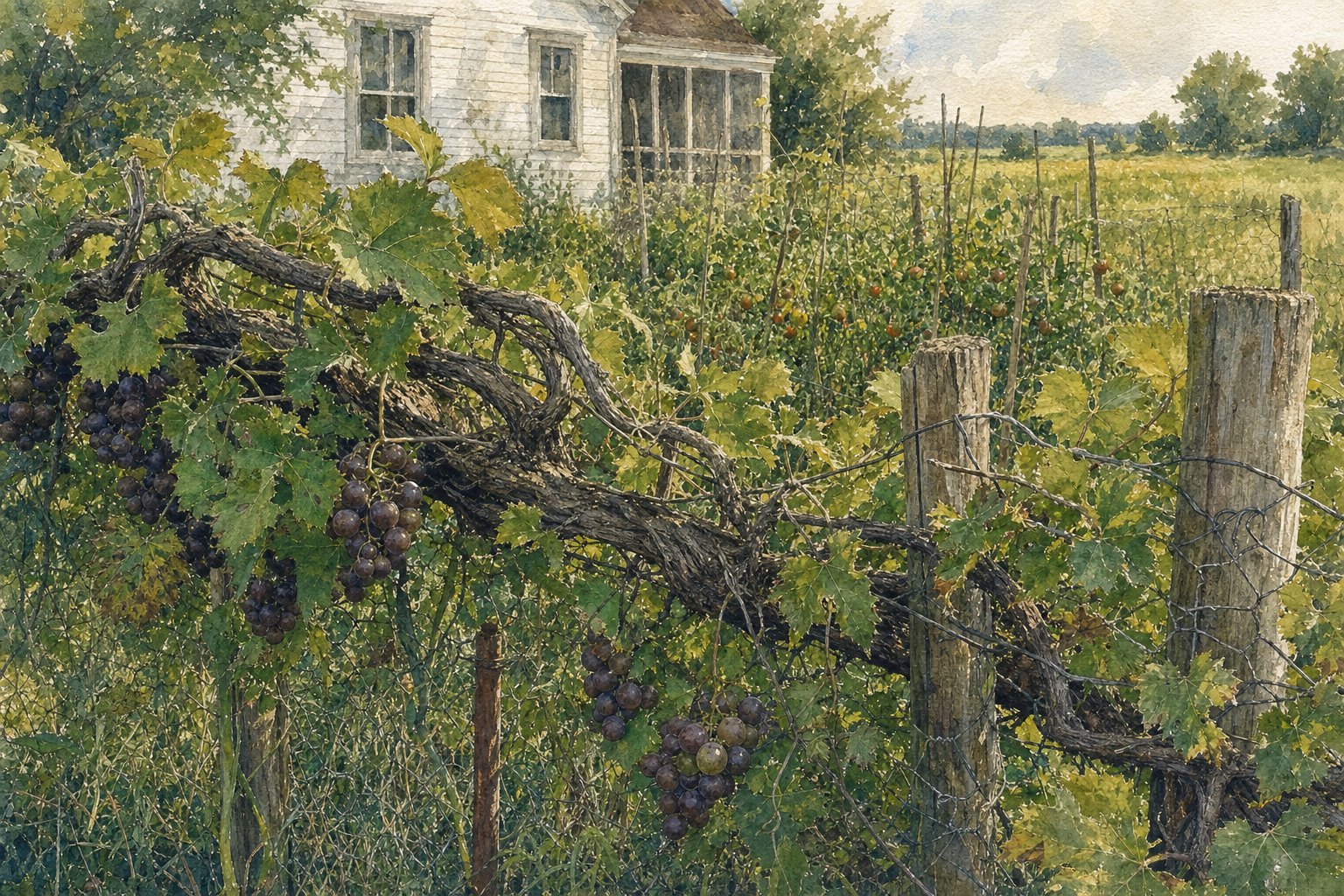 Watercolor painting of an old muscadine grapevine twisting along a weathered fence, dark grapes among the leaves