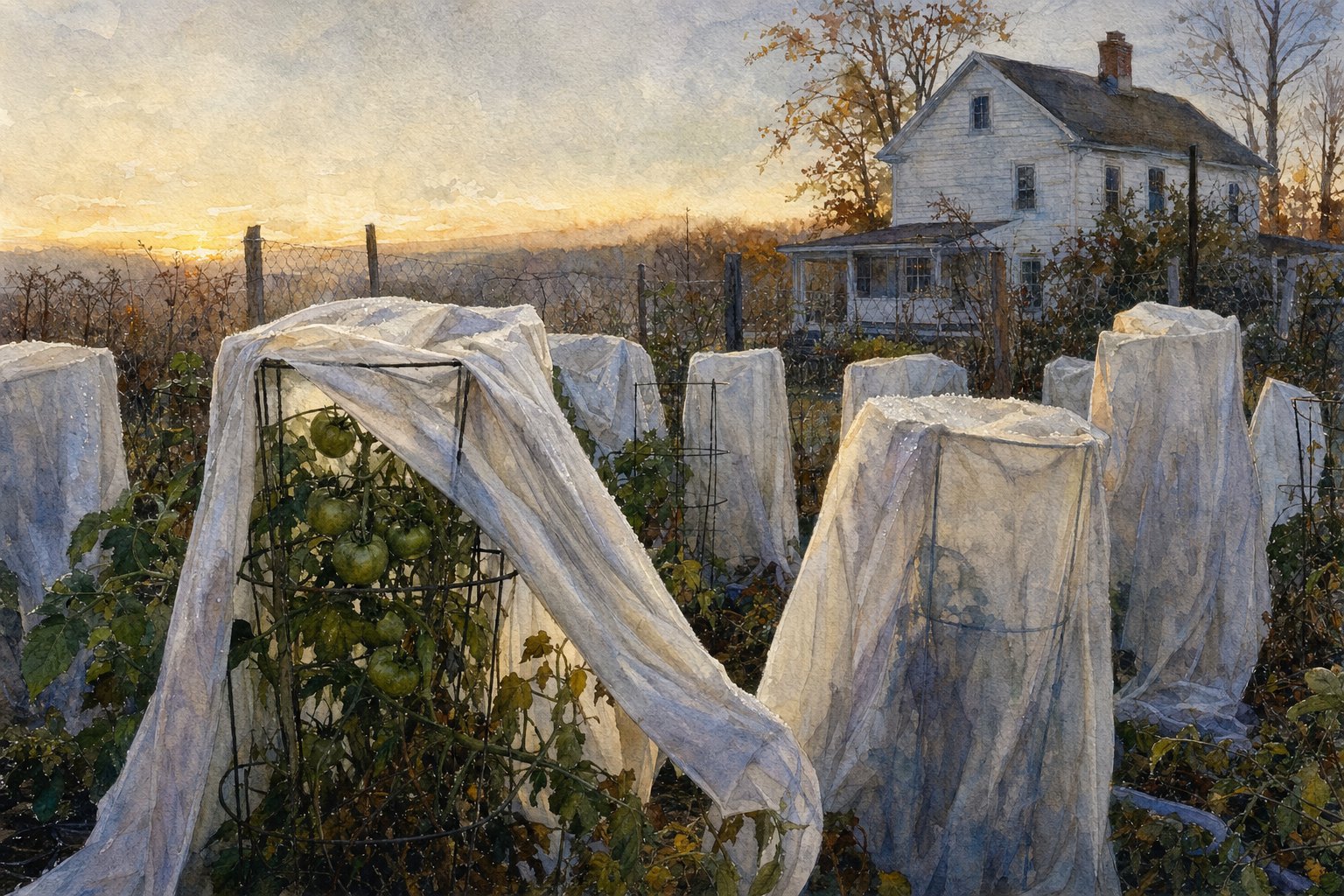 Watercolor painting of white bed sheets draped over tomato cages in a garden at October dawn, green tomatoes underneath
