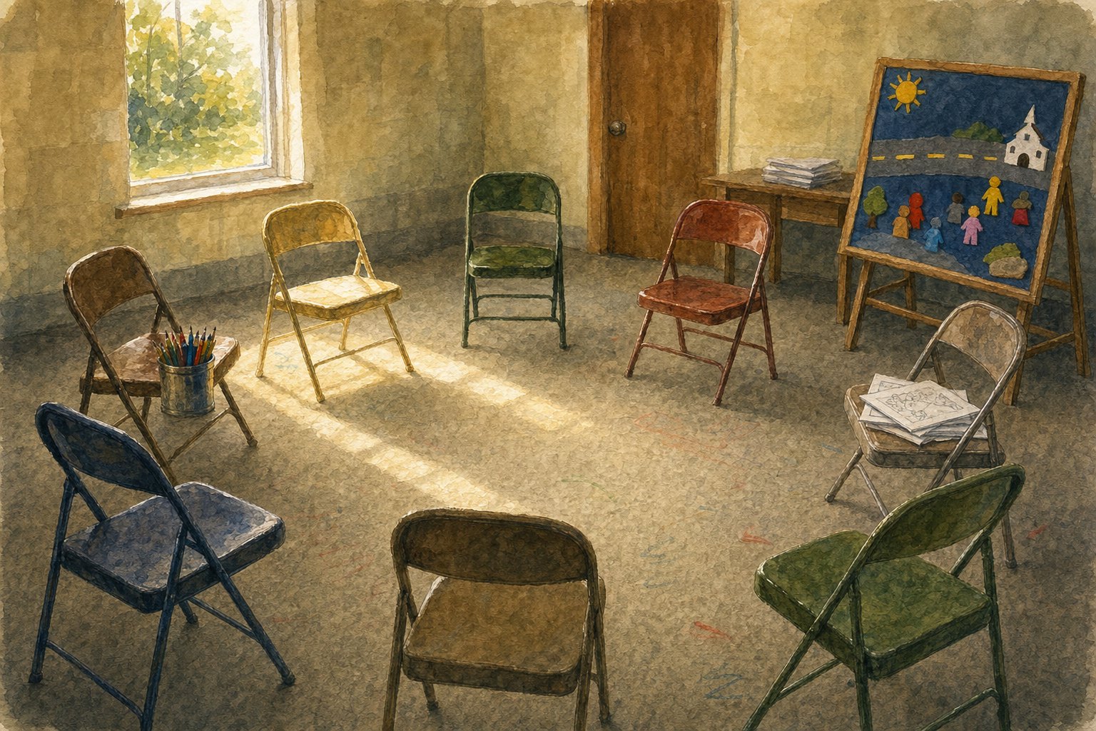 Watercolor painting of eight folding chairs in a circle in a church Sunday school room with a felt board and a can of crayons