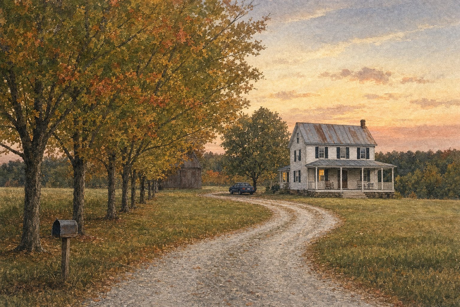 Watercolor painting of a white farmhouse seen up a gravel driveway at October dusk, maples beginning to turn gold