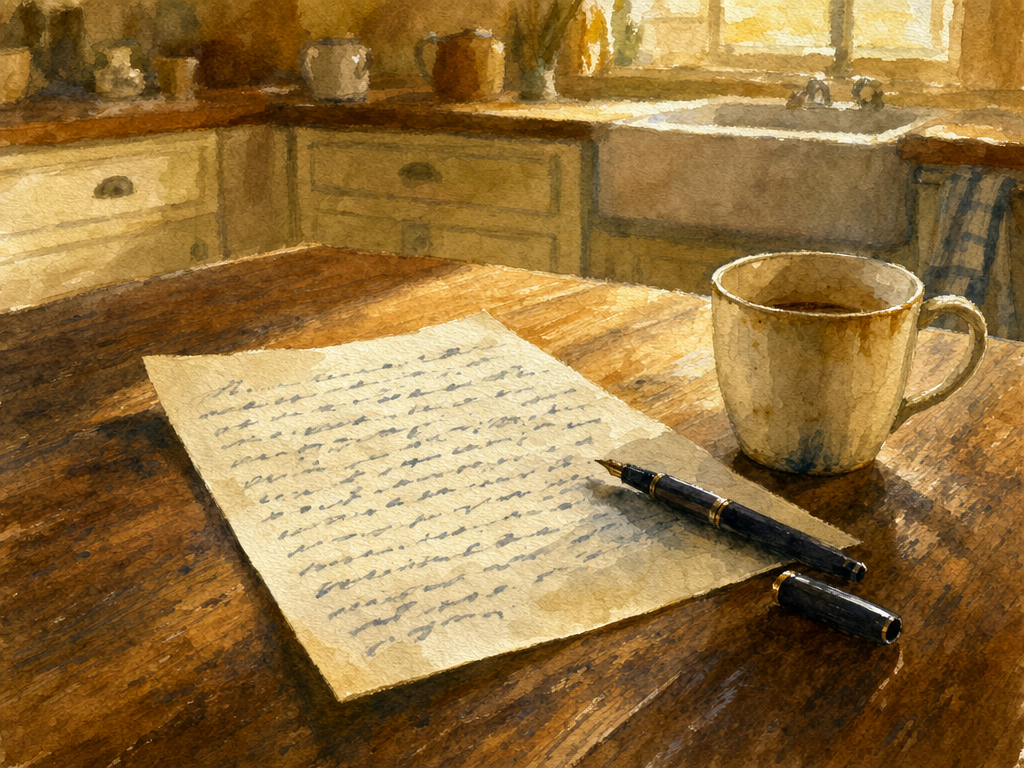 Watercolor painting of a handwritten page with pen and coffee mug on a kitchen table in morning light