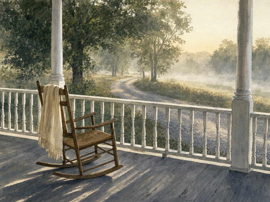 Watercolor painting of an empty rocking chair on a farmhouse porch at dawn with morning mist over a gravel driveway